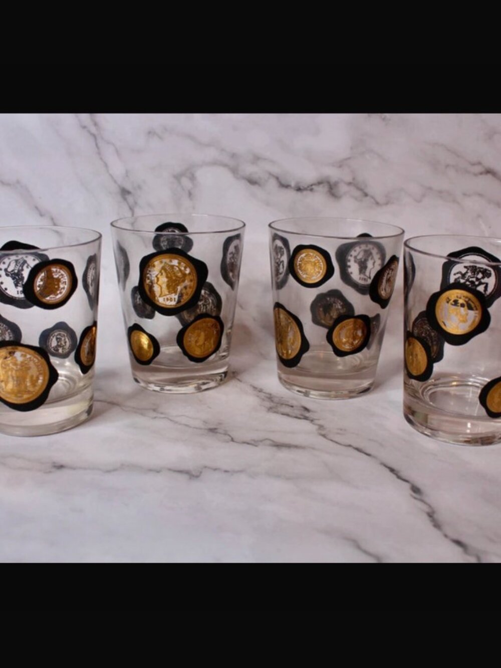 Set of 4 Vintage Libbey World Coins Gold and Black Rocks Glasses